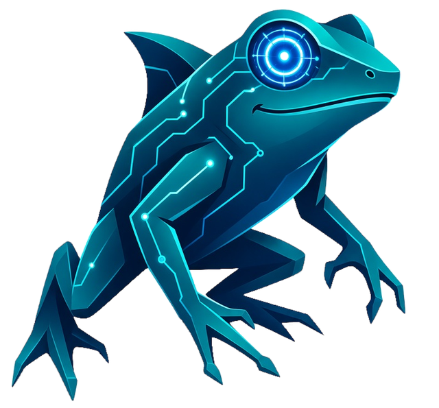 An illustrated circuit-lined frog, one of the Gribbite mascot marks, mid-stride.